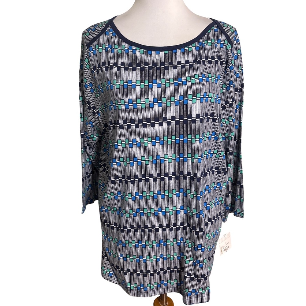 Liz Claiborne Geometric Long Sleeve Top Blue and Green